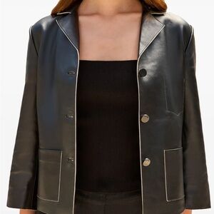 Cult Gaia Layton Blazer in Black Leather with White Trim